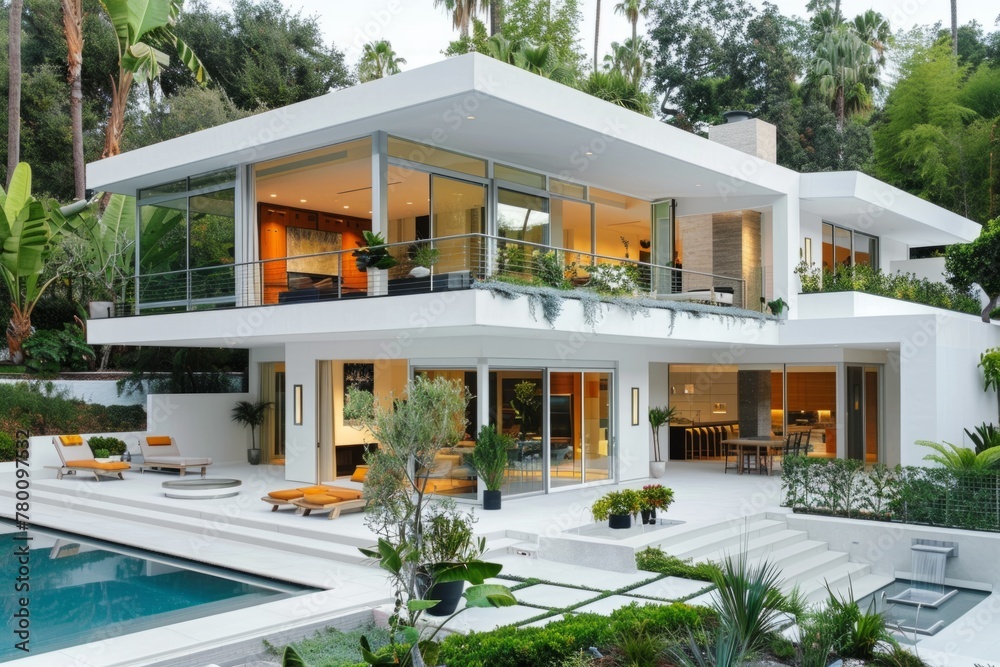 A large house with a pool and a lot of windows. The house is very modern and has a lot of natural light coming in