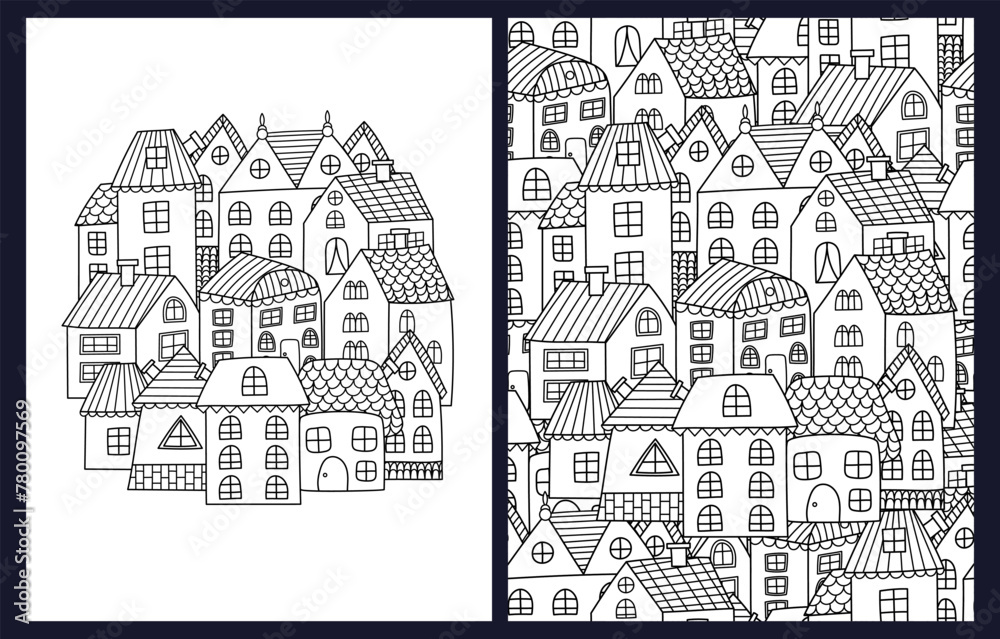 Doodle houses coloring pages set. Black and white templates bundle with city landscape for coloring book. Outline background. Vector illustration