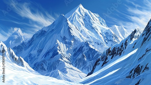 Glacial Sovereignty: A Grand Snow-Covered Mountain Peak Dominating the Horizon with Majestic Grandeur