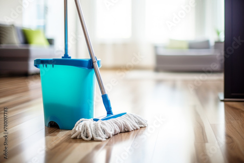 Bucket with Mopping Stick in Clean Interior Floor