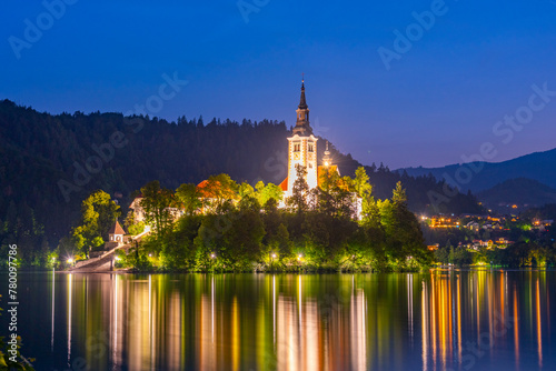 Night view of the Assumption of Maria church at lake Bled in Slovenia photo