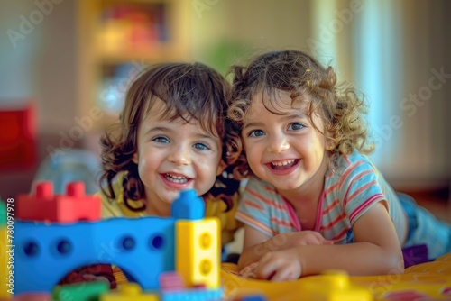 Two young girls happily engaged in play, sprawled on the floor surrounded by toys