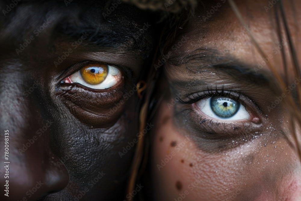A captivating close up of two individuals with striking blue eyes, exuding intensity and depth