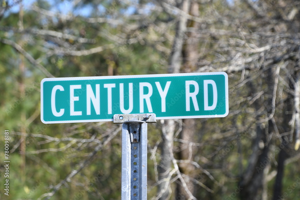 A green and white street sign that says Century Road (RD) with trees in the background. A green and white street sign that says Century Road (RD) with trees in the background.