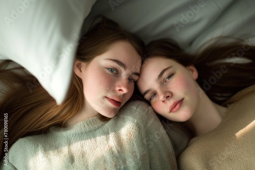 Two young women relax in bed, surrounded by white sheets, enjoying a peaceful moment together