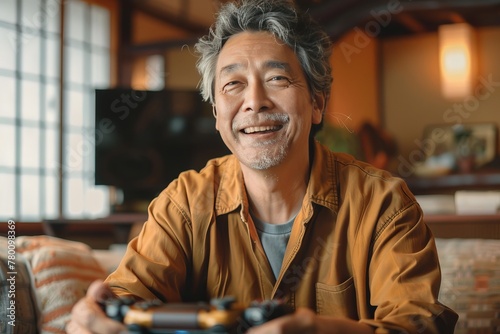 Mature man in casual wear smiling while playing video games in a cozy home setting. Joyful adult finds relaxation through gaming in a comfortable indoor environment.