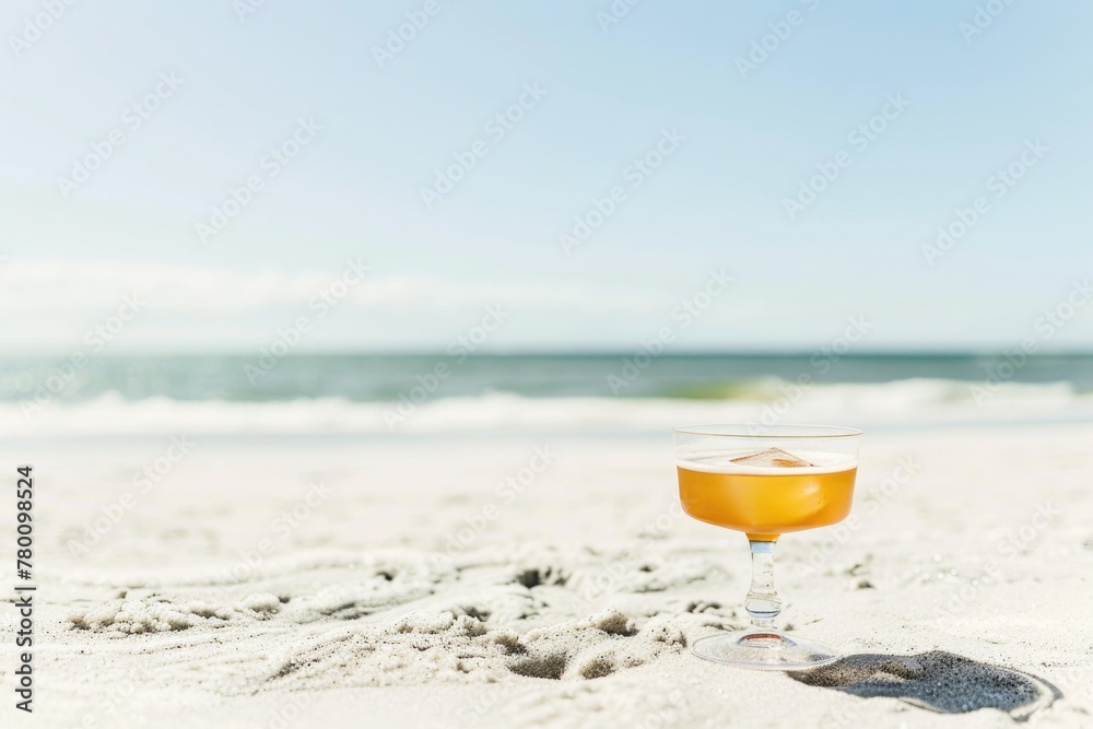 A refreshing drink rests peacefully atop the golden sands of a tranquil beach at sunset