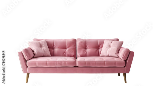 Scandinavian living room with pink sofa on empty white wall background.