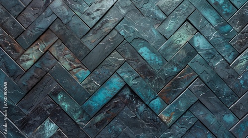 Artistic chevron pattern of variegated blue tiles. Textured background with herringbone design.