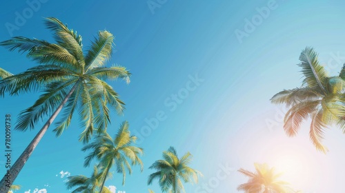 Low angle view of tropical palm trees over clear blue sky generative ai © ThisDesign