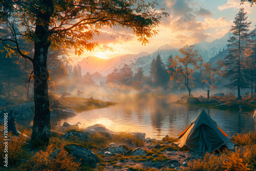 Morning views of nature at dawn and a tent on the shore of a mountain lake, a new day of adventure. The landscape is filled with the soft light of dawn and morning coolness