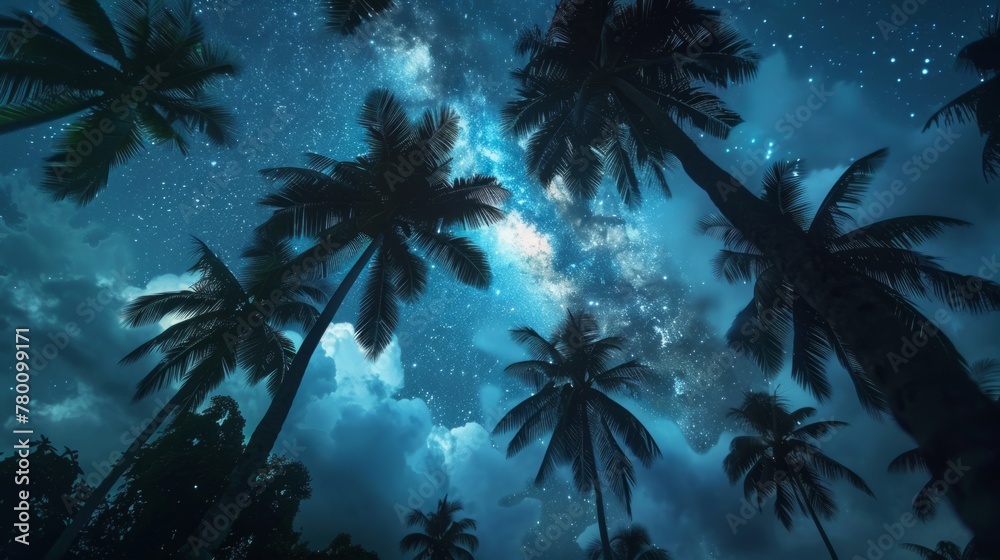 Low angle view of tropical palm trees on a starry night generative ai