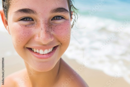 A young woman of European descent  smiling serenely  captured up close on the sandy beach