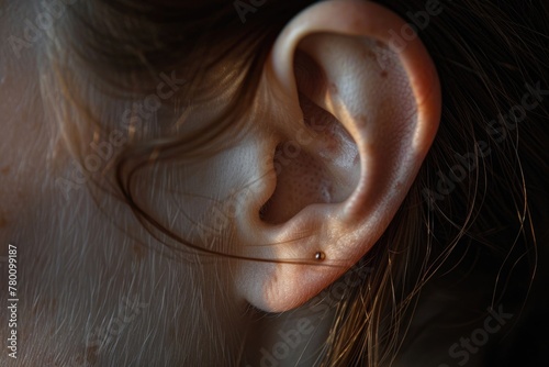 A detailed view of a persons ear with a pair of intricate and stylish ear piercings photo