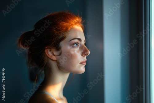 A woman with striking red hair gazes out a window, lost in thought
