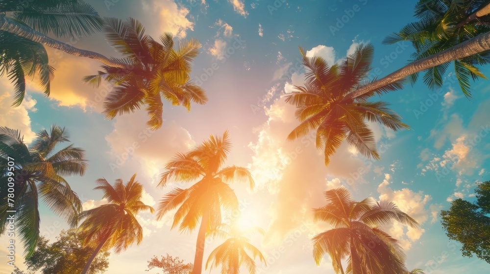 Low angle view of tropical palm trees on a sunset generative ai - obrazy, fototapety, plakaty 