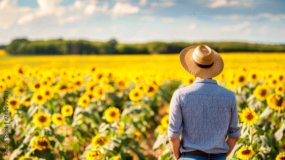 Man standing in field of sunflowers wearing straw hat.