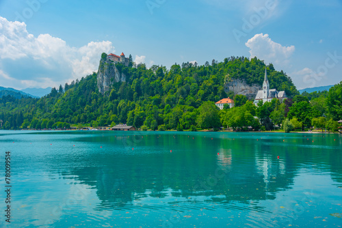 Saint Martin church and Bled castle in Slovenia