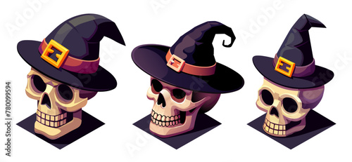 Isometric skulls wearing witch hat, halloween graphics decorations isolated on white background, clip art, vector illustration