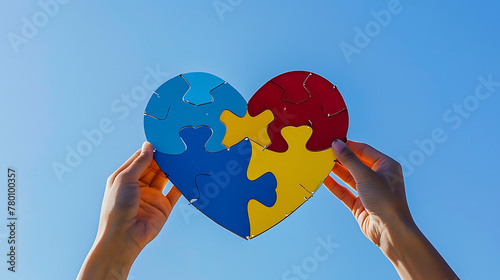 two hands holding a heart-shaped puzzle with four pieces, each painted in different colors, against a clear blue sky