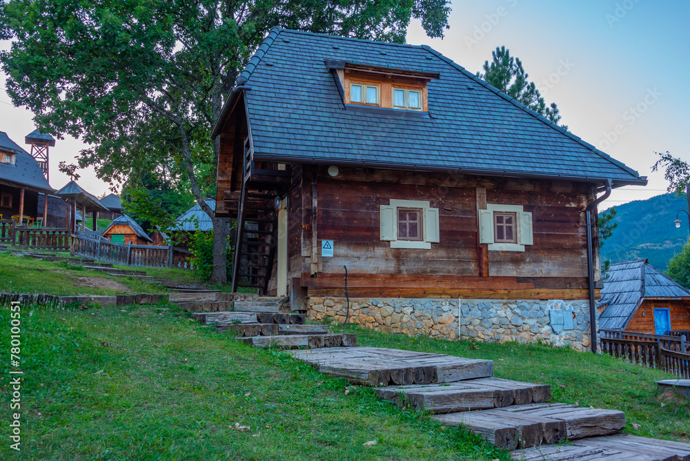 Fototapeta premium Sunset view of Drvengrad village in Serbia