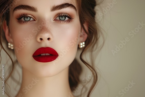 A close up of a woman with red lipstick