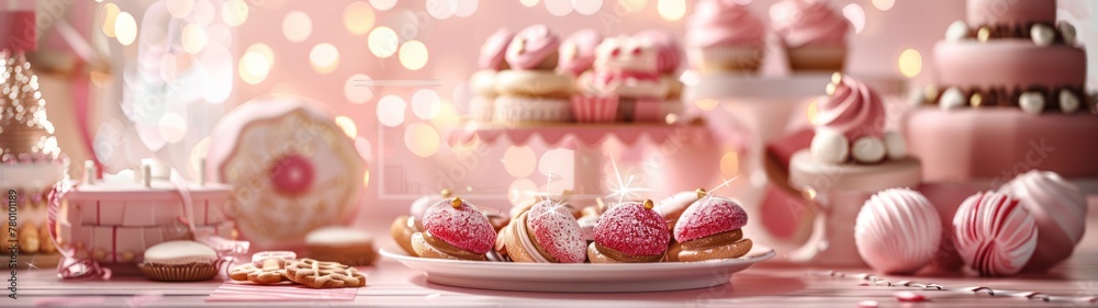 A pink and white dessert table with a plate of donuts, cupcakes, and cookies.