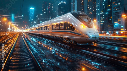 A high-speed train connecting smart cities, promoting sustainable travel.