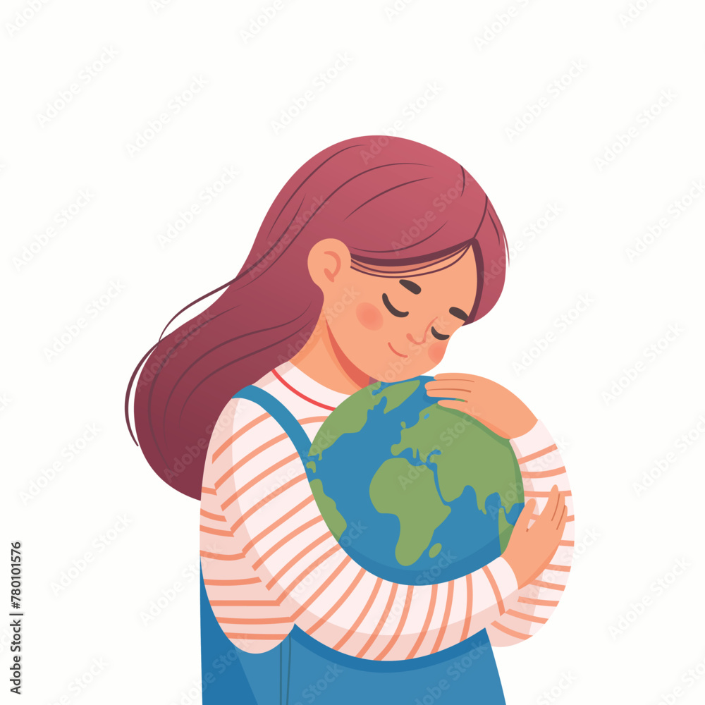 Caring girl gently hugging the the planet earth on the white background. Earth day. Vector illustration Caring girl gently hugging the the planet earth on the white background. Earth day. Vector illustration