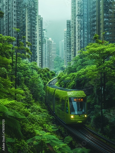 Green cityscape with advanced public transport and green buildings, illustrating urban sustainability.