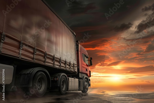 Semi Trailer Trucks on Parking with The Sunset Sky. Shipping Container Truck. Delivery Transit. Engine Diesel Truck Tractor. Industry Freight Trucks Logistics Cargo Transport.