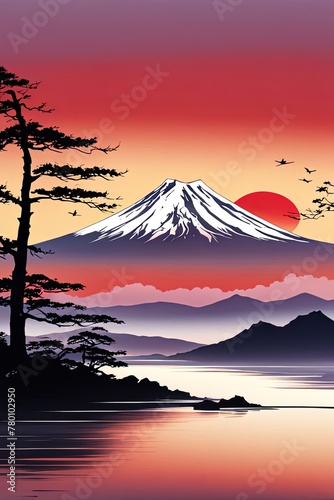 Painting of japanese Mount Fuji at sunset. For meditation apps, on covers of books about spiritual growth, in designs for yoga studios, spa salons, illustration for articles on inner peace, banner.