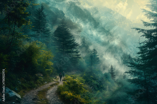 Dramatic foggy misty mountain landscape with fir forest and road in the mountains. Natural background © Ирина Селина