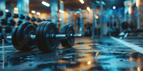 Two dumbbells are on the floor in a gym