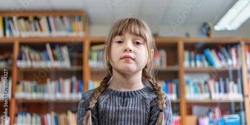 A young girl with braided hair is standing in front of a library with a book in