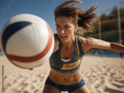 Mature latin volleyball player hitting ball on a beach match. Olympic sports concept