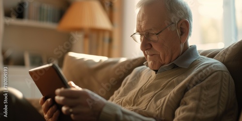 An older man is sitting on a couch and using a tablet