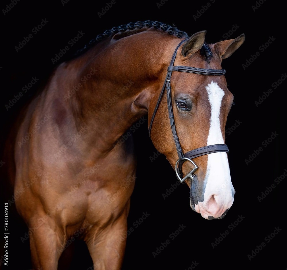 Fototapeta premium Elegant horse portrait on black backround. horse head isolated on black. Portrait of stunning beautiful horse isolated on dark background. horse portrait close up on black background.studio shot . 