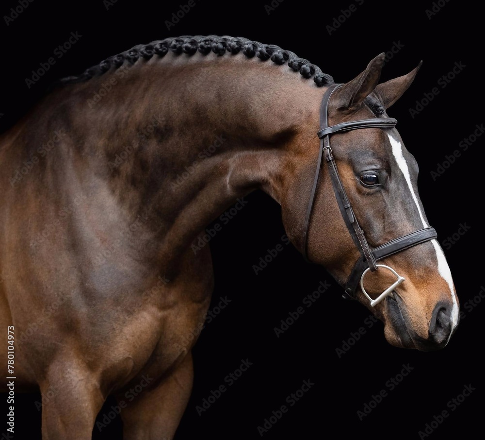 Obraz premium Elegant horse portrait on black backround. horse head isolated on black. Portrait of stunning beautiful horse isolated on dark background. horse portrait close up on black background.studio shot . 