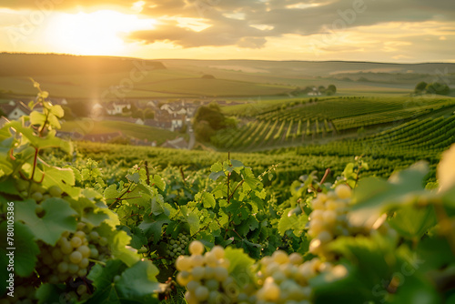 Photo of a grape valley in Burgundy  France. Grape clusters in close-up. The landscape of the vineyard at sunset.