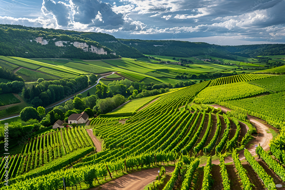 Photo of a valley of vineyards in Burgundy, France. General plan of the landscape and bird's eye view