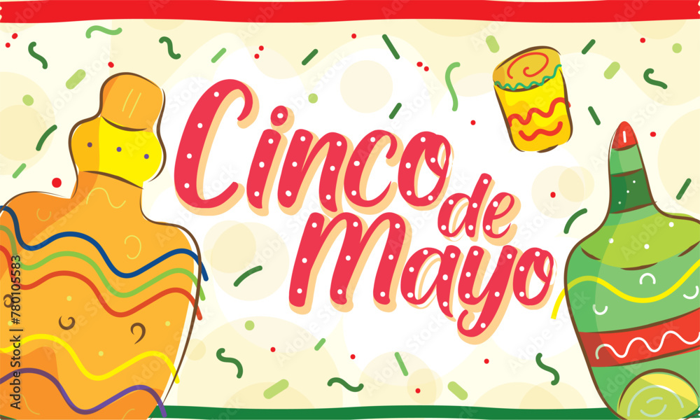 Cinco de Mayo,México.Tarjeta de felicitación,botellas y celebración,vector para imprimir