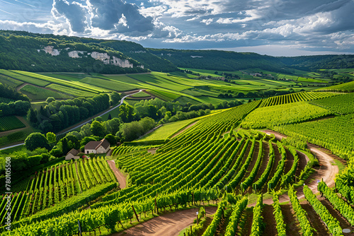 Photo of a valley of vineyards in Burgundy, France. General plan of the landscape and bird's eye view photo