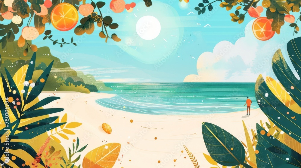 illustration of a beautiful tropical beach on a sunny summer day. concept of summer vacations