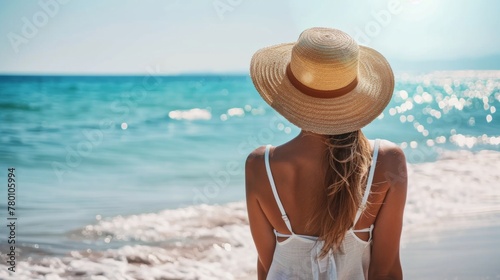 close-up of a beautiful woman with hat on her back on the beach. copy space