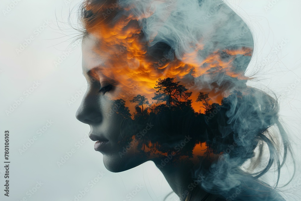 A woman that is standing in front of a fire
