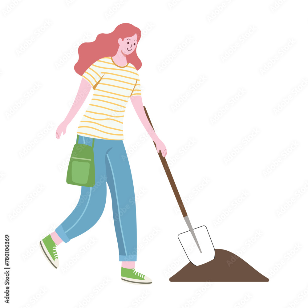 Young woman with a shovel plants a tree. Earth Day. Green Planet Environment. Concept Flat Cartoon Vector Illustration Young woman with a shovel plants a tree. Earth Day. Green Planet Environment. Concept Flat Cartoon Vector Illustration