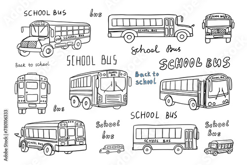 Large set of school buses in doodle style. School icons. Back to school. Transportation, bus, transport. Good for banner, posters, cards, stickers, professional design. Hand drawn