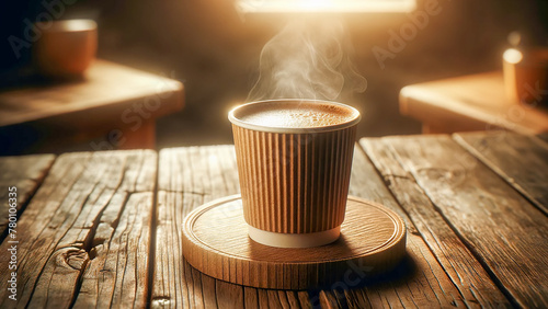 take-out coffee cup, placed on a rustic wooden table.