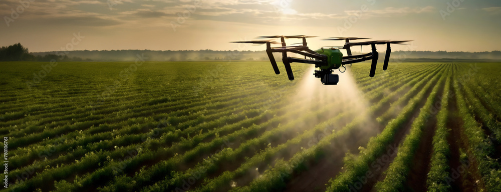 An agricultural drone flies over crop fields at sunrise, technology meets farming. Modern devices for agriculture in golden morning light. Panorama with copy space.